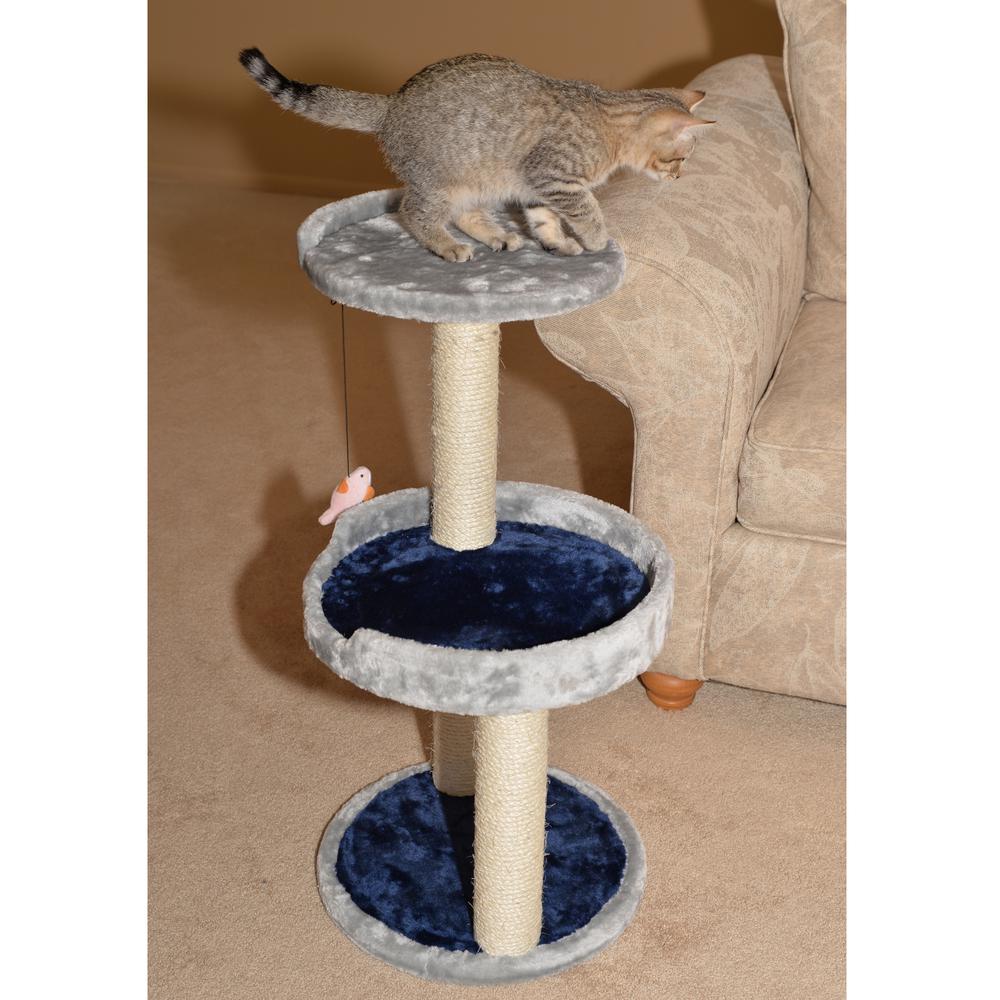 Three-Level Real Wood Compact Scratcher, Gray W Plush Perch