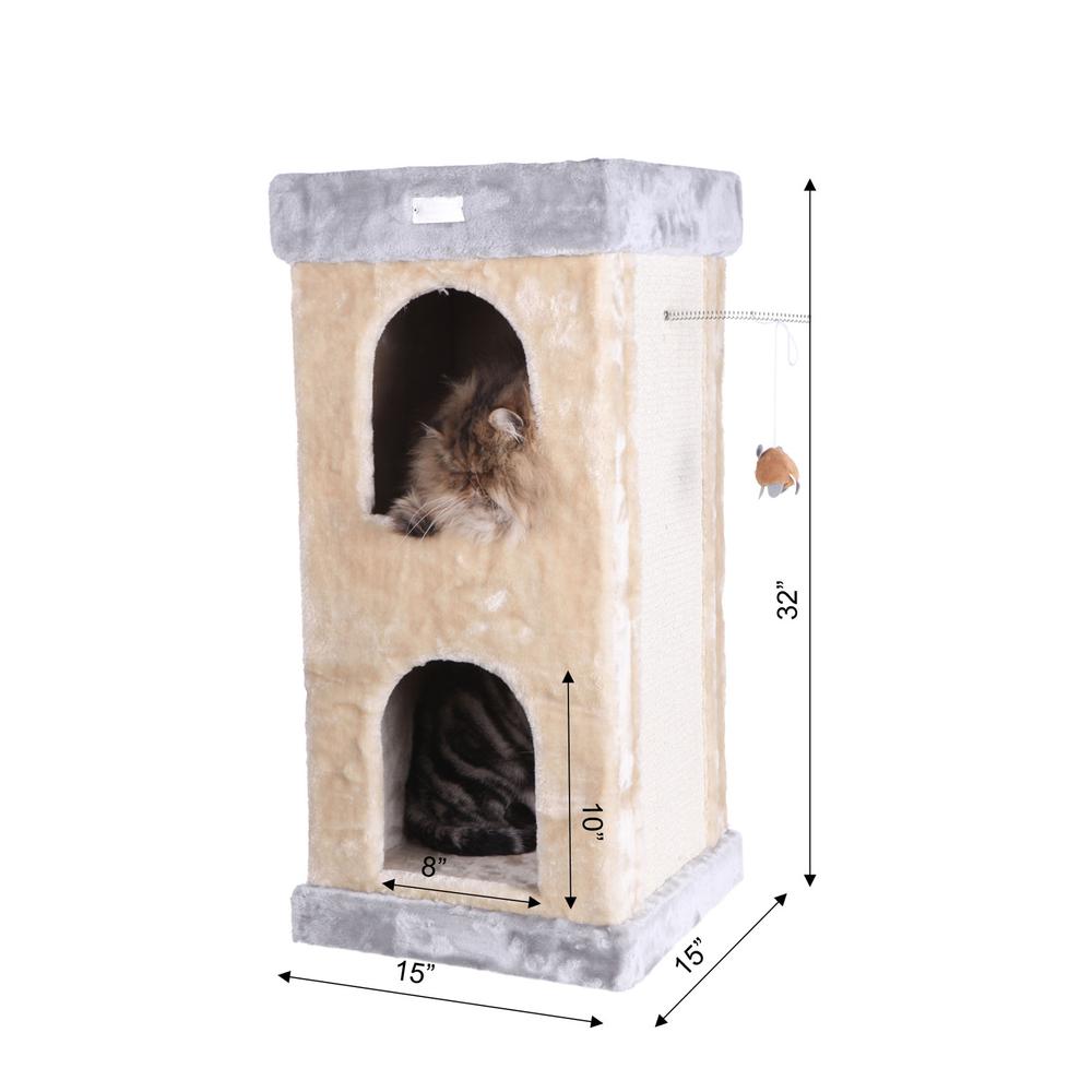 Double Condo Real Wood Cat House With Sratching Carpet For Cats, Kitty Enjoyment