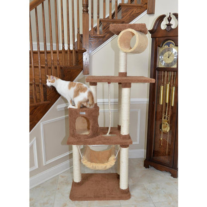 70" Real Wood Cat Tree With Scratch Posts, Hammock For Cats & Kittens