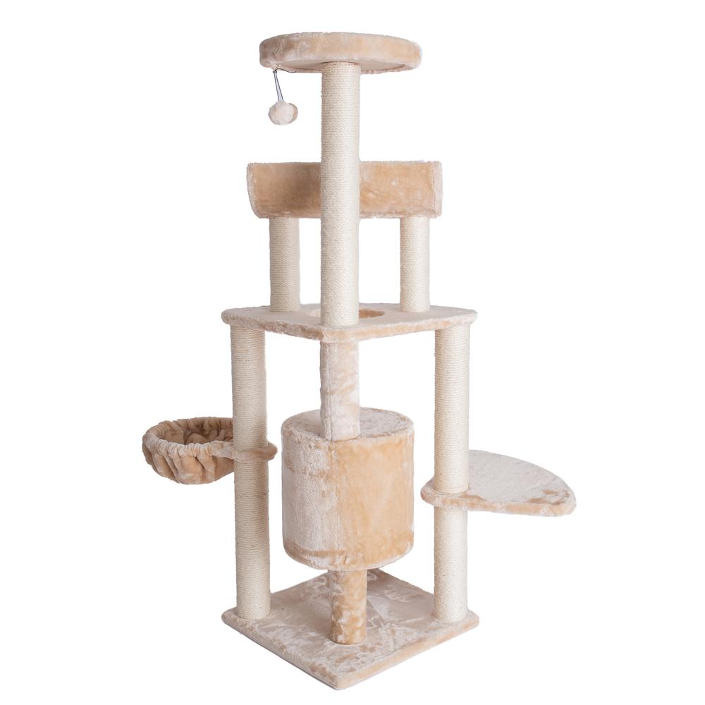Spacious Thick Fur Real Wood Cat Tower With Basket Lounge, Ramp, Beige