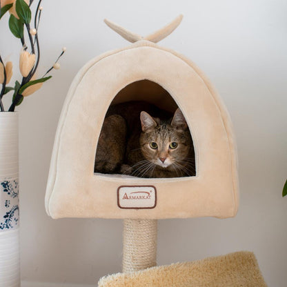Real Wood Cat Condo, Cat Scratching Post With Plush Condo, Cuddle