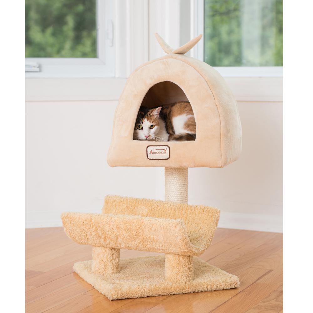 Real Wood Cat Condo, Cat Scratching Post With Plush Condo, Cuddle