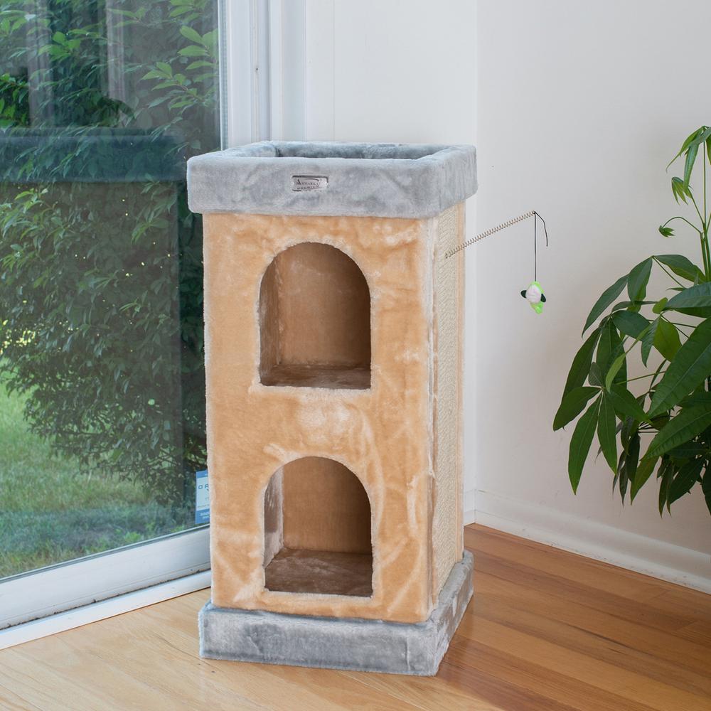 Double Condo Real Wood Cat House With Sratching Carpet For Cats, Kitty Enjoyment