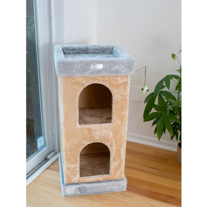 Double Condo Real Wood Cat House With Sratching Carpet For Cats, Kitty Enjoyment