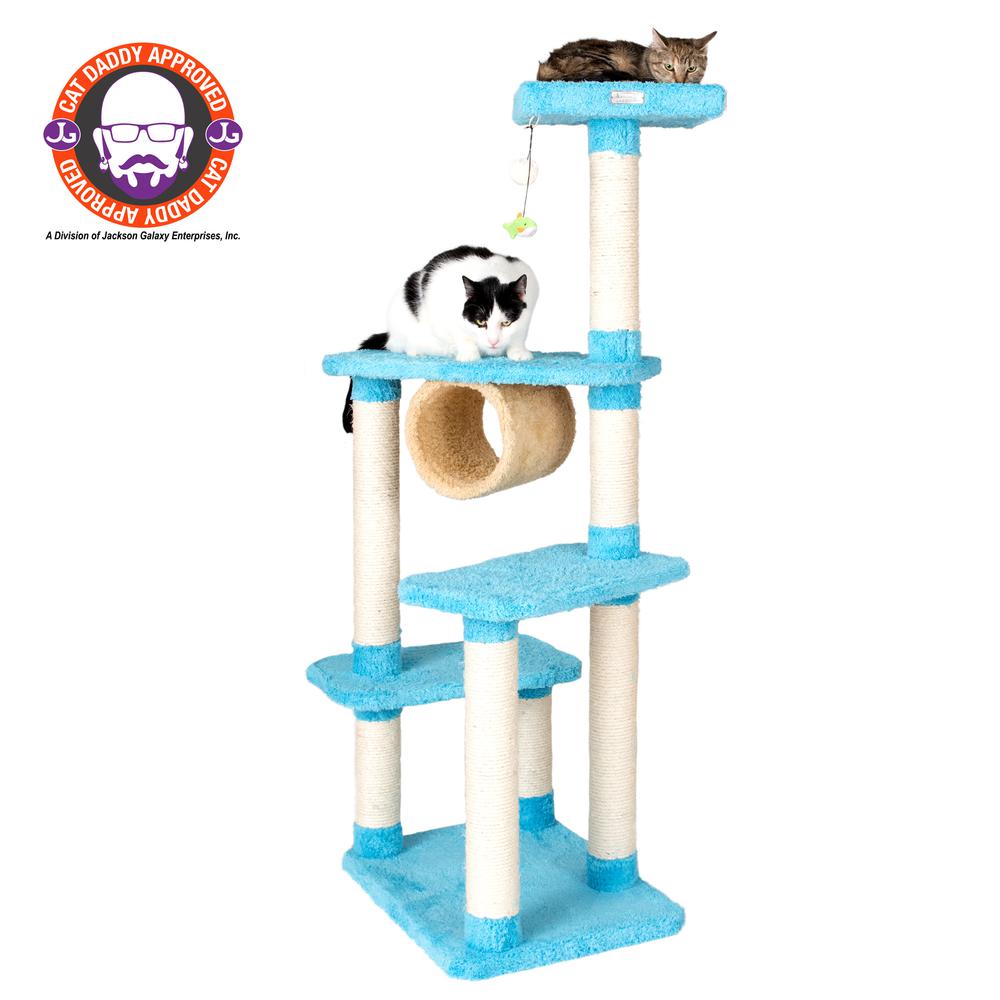 Real Wood Cat Climber, Cat Junggle Tree With Platforms,Skyblue