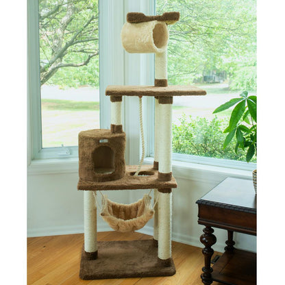 70" Real Wood Cat Tree With Scratch Posts, Hammock For Cats & Kittens