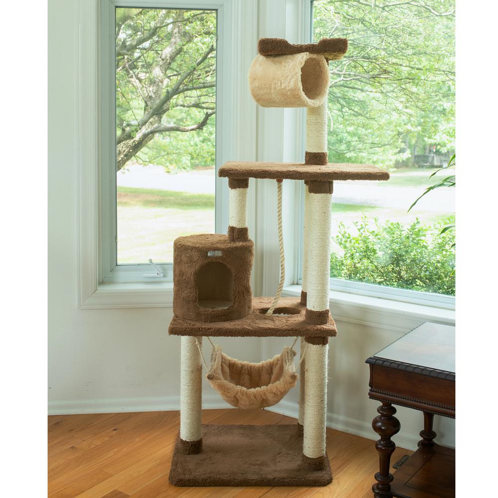 70" Real Wood Cat Tree With Scratch Posts, Hammock For Cats & Kittens