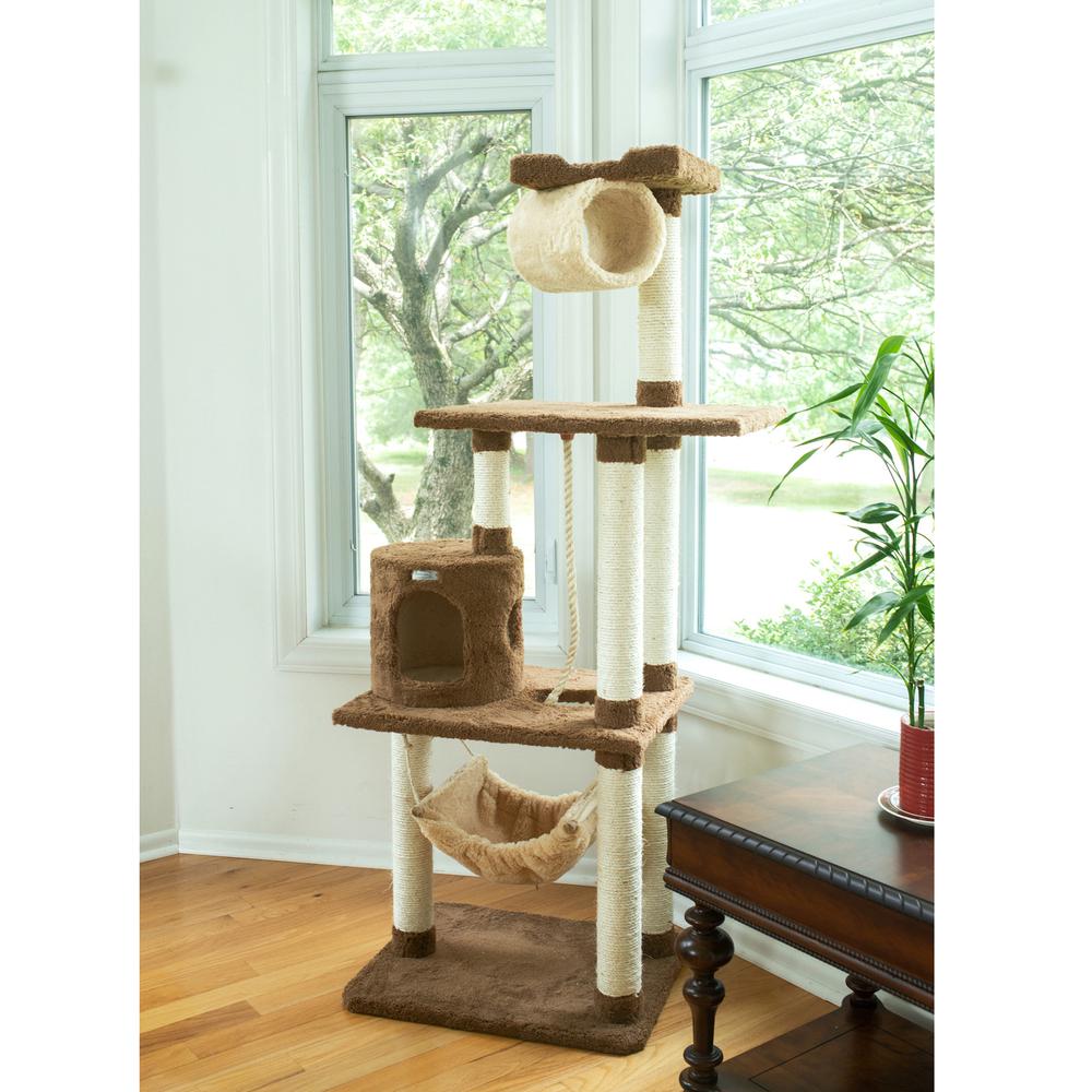 70" Real Wood Cat Tree With Scratch Posts, Hammock For Cats & Kittens