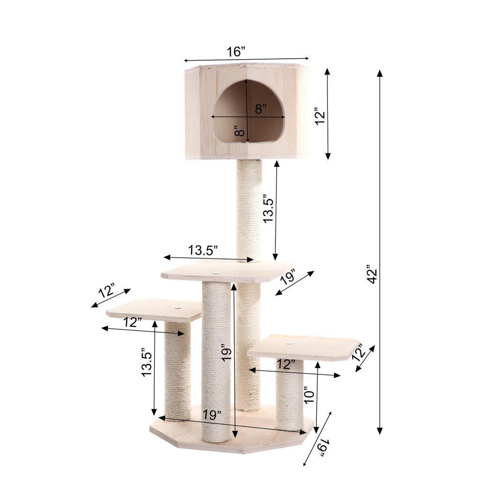Real Wood Premium Scots Pine, Solid Wood Cat Tree, 46" Tall