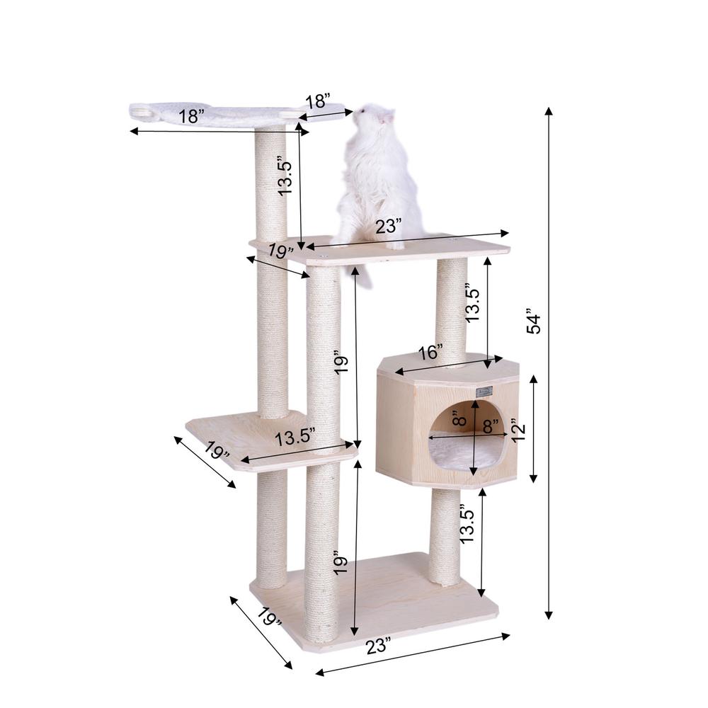 Real Wood Premium Scots Pine 54-Inch Cat Tree With Three Levels, Perch, Condo