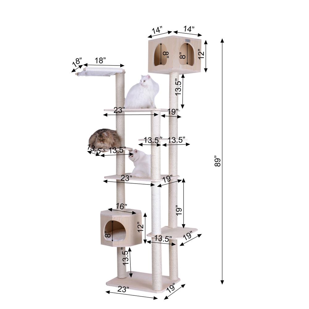 Real Wood Premium Scots Pine 89-Inch Cat Tree With Seven Levels, Two Playhouses