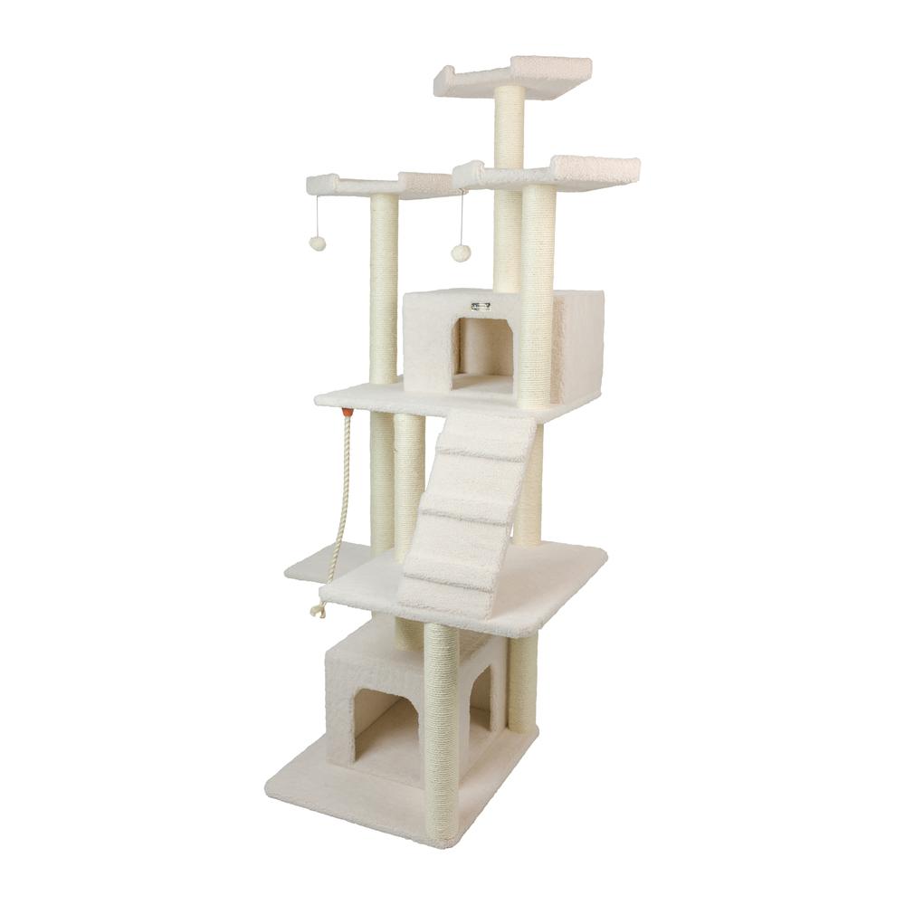 Classic Real Wood Cat Tree In Ivory, Multi Levels With Ramp