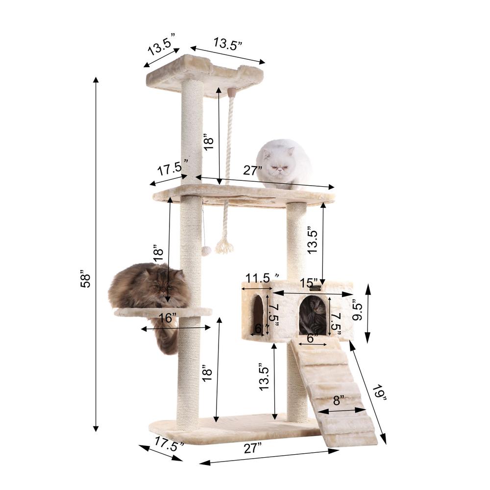 Natural Sisal Real Wood Scratching Cat Tree 58 Height Beige
