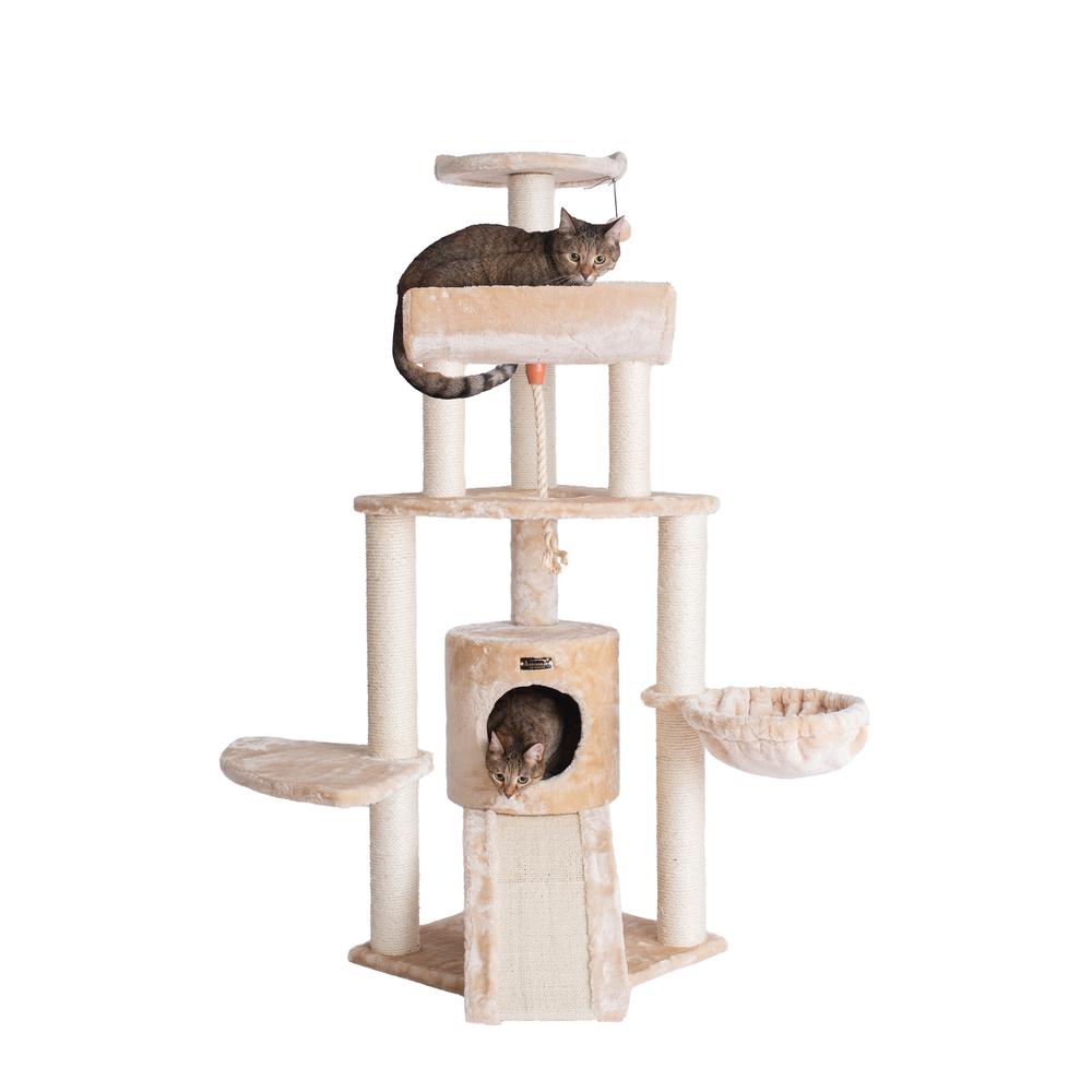 Spacious Thick Fur Real Wood Cat Tower With Basket Lounge, Ramp, Beige
