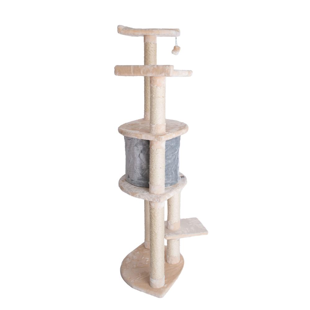 64" Real Wood Cat Tree With Sractch Sisal Post, Soft-Side Playhouse, Almond