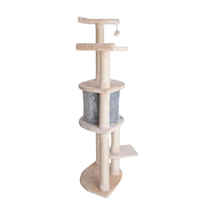 64" Real Wood Cat Tree With Sractch Sisal Post, Soft-Side Playhouse, Almond