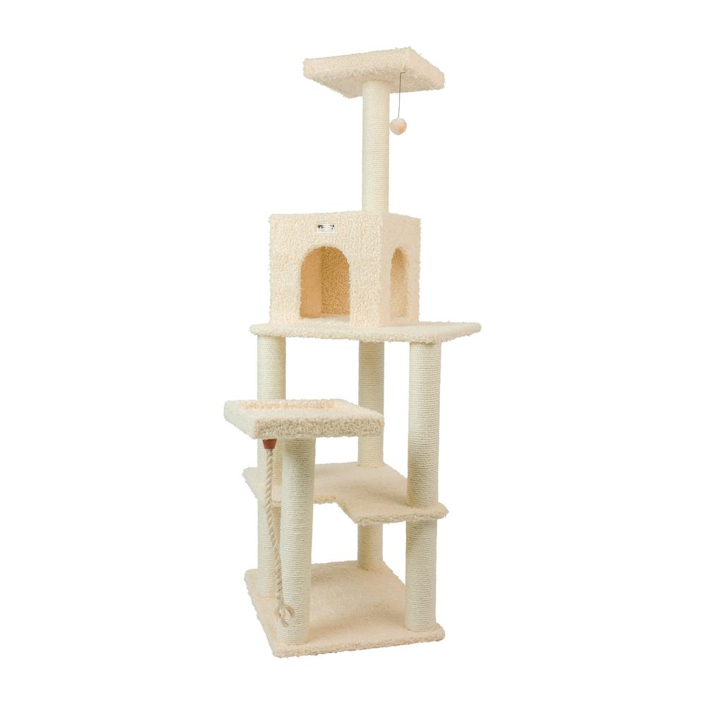 Real Wood Cat Tower, Ultra Thick Faux Fur Covered Cat Condo House, Beige