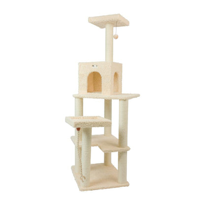 Real Wood Cat Tower, Ultra Thick Faux Fur Covered Cat Condo House, Beige