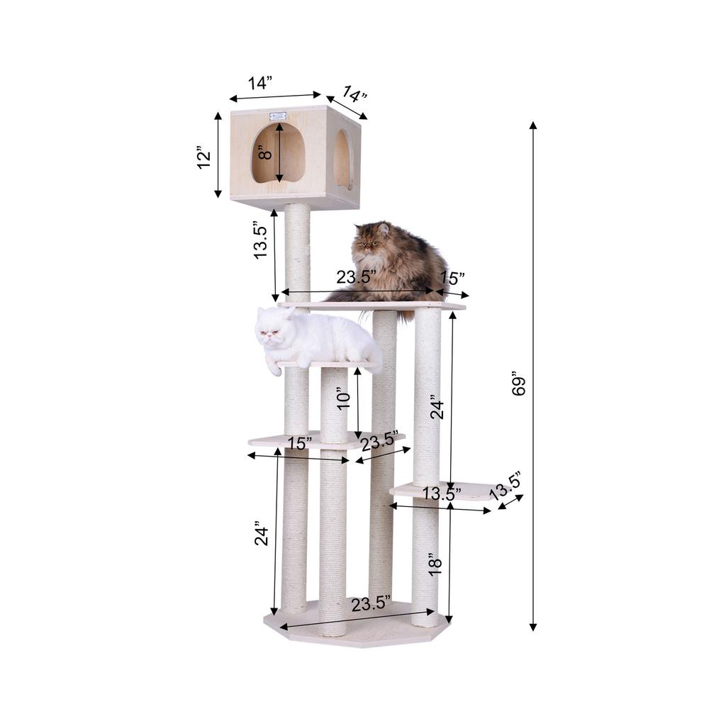 Real Wood Premium Scots Pine 69-Inch Cat Tree With Five Levels, Perch, Condo
