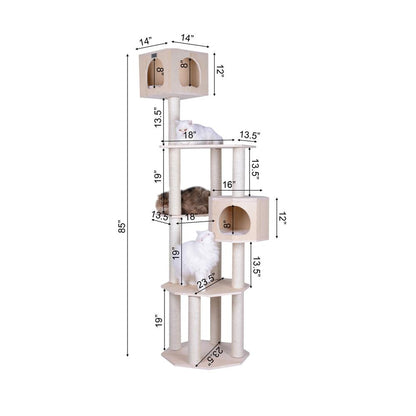 Real Wood Premium Scots Pine 85-Inch Cat Tree With Five Levels, Two Condos