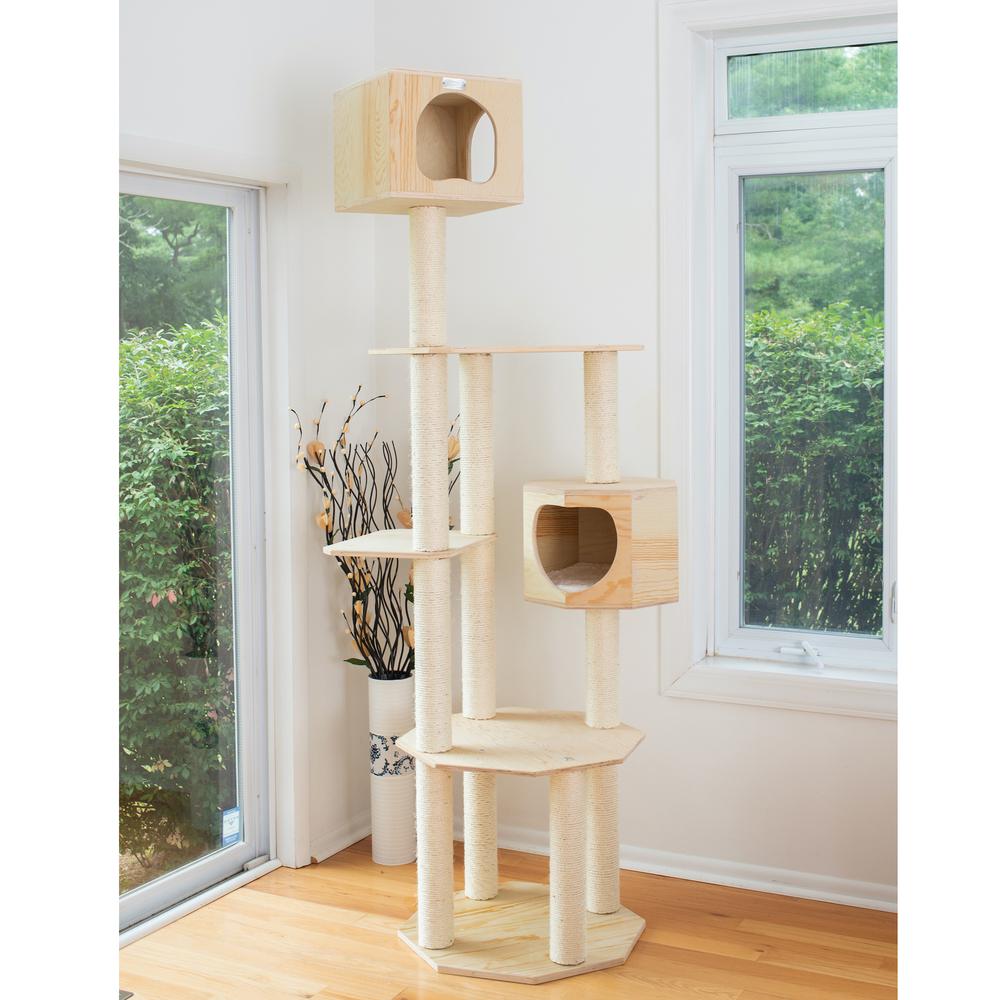 Real Wood Premium Scots Pine 85-Inch Cat Tree With Five Levels, Two Condos