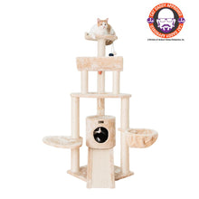 Spacious Thick Fur Real Wood Cat Tower With Basket Lounge, Ramp, Beige