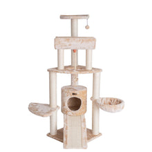 Spacious Thick Fur Real Wood Cat Tower With Basket Lounge, Ramp, Beige