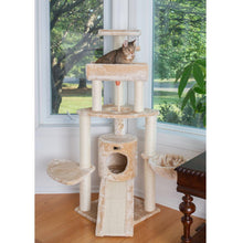 Spacious Thick Fur Real Wood Cat Tower With Basket Lounge, Ramp, Beige