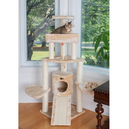 Spacious Thick Fur Real Wood Cat Tower With Basket Lounge, Ramp, Beige