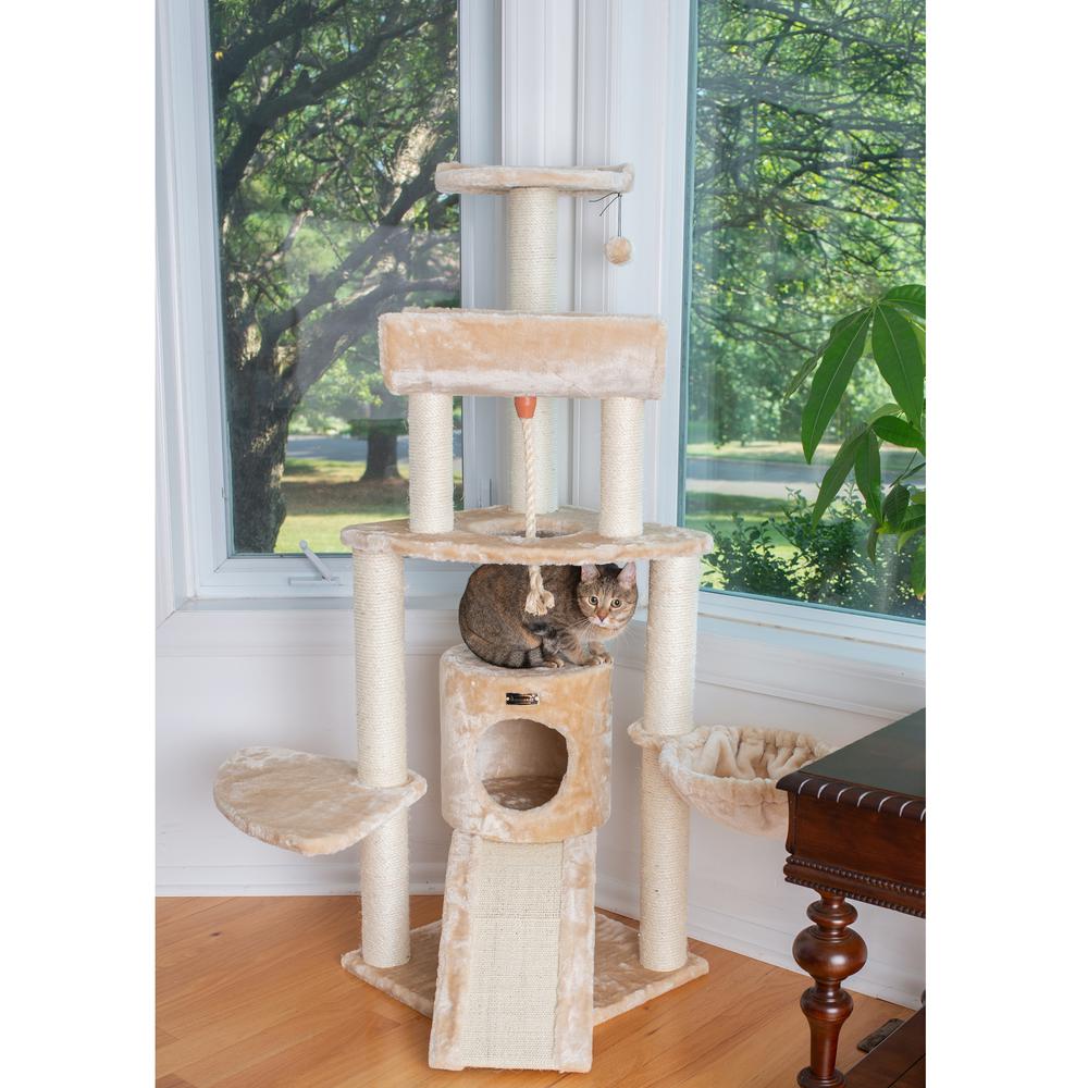 Spacious Thick Fur Real Wood Cat Tower With Basket Lounge, Ramp, Beige