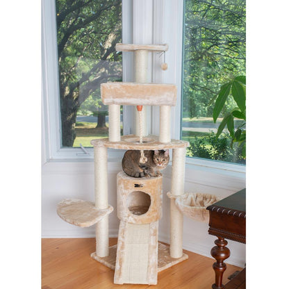 Spacious Thick Fur Real Wood Cat Tower With Basket Lounge, Ramp, Beige