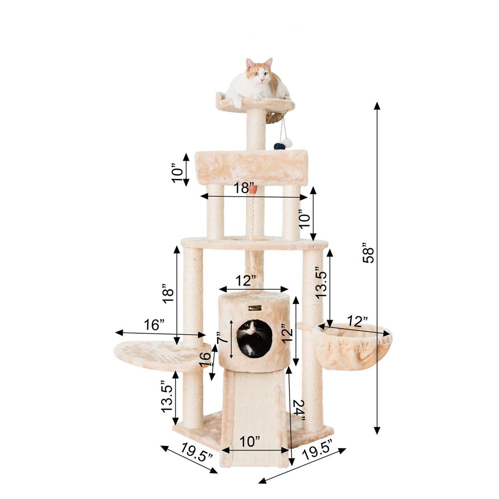 Spacious Thick Fur Real Wood Cat Tower With Basket Lounge, Ramp, Beige