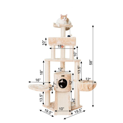 Spacious Thick Fur Real Wood Cat Tower With Basket Lounge, Ramp, Beige