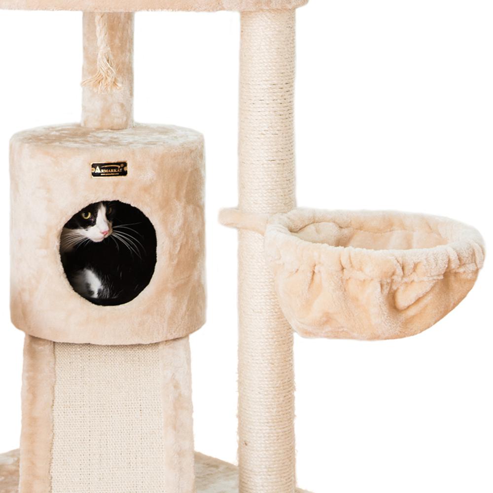 Spacious Thick Fur Real Wood Cat Tower With Basket Lounge, Ramp, Beige
