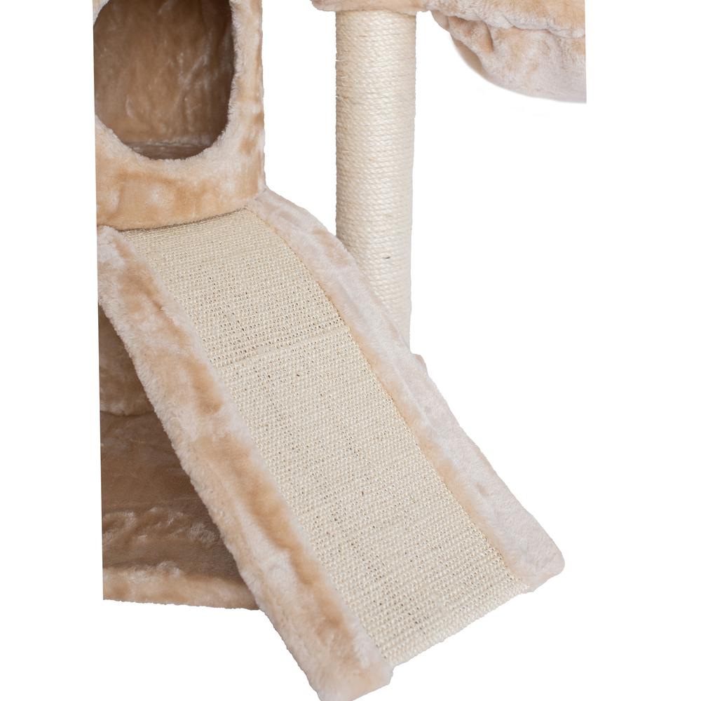 Spacious Thick Fur Real Wood Cat Tower With Basket Lounge, Ramp, Beige