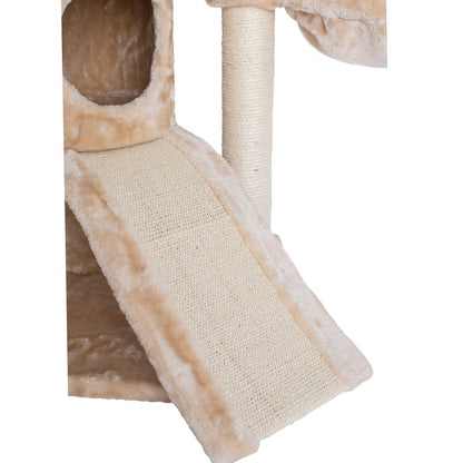 Spacious Thick Fur Real Wood Cat Tower With Basket Lounge, Ramp, Beige
