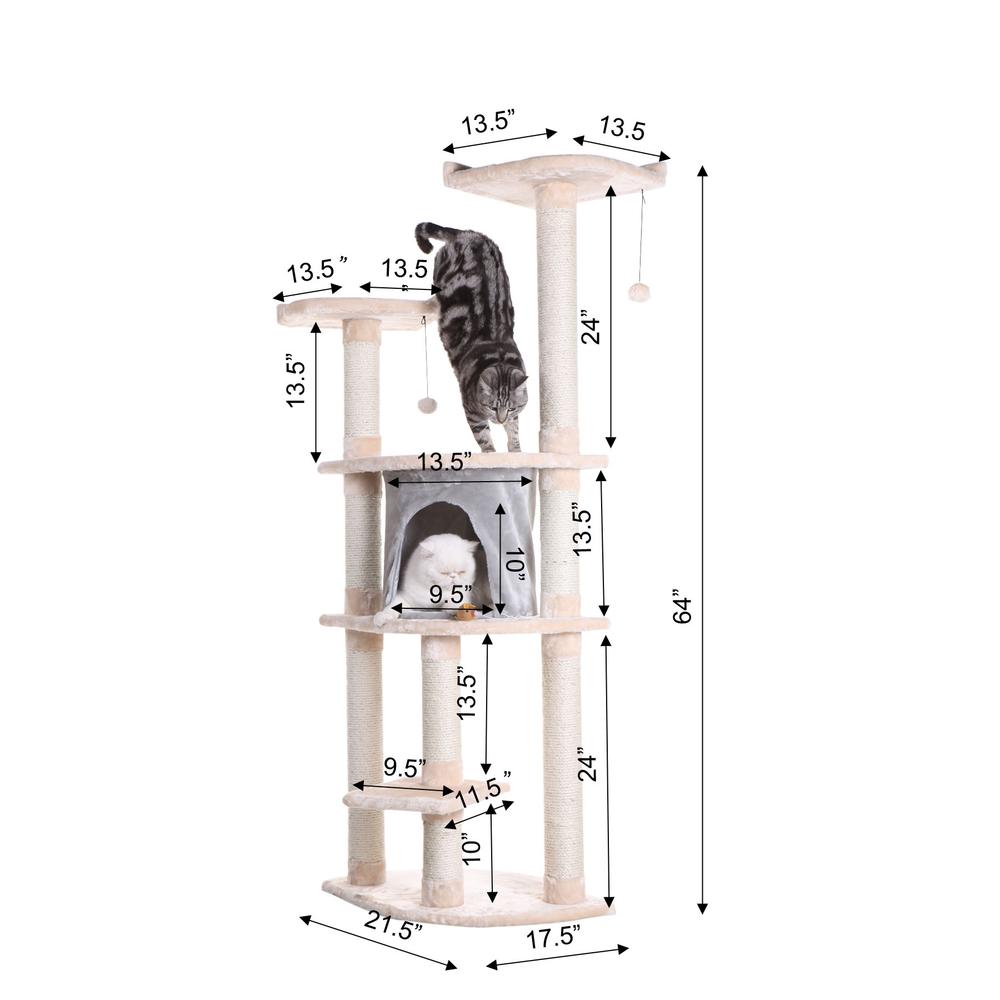 64" Real Wood Cat Tree With Sractch Sisal Post, Soft-Side Playhouse, Almond