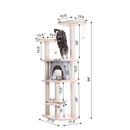 64" Real Wood Cat Tree With Sractch Sisal Post, Soft-Side Playhouse, Almond
