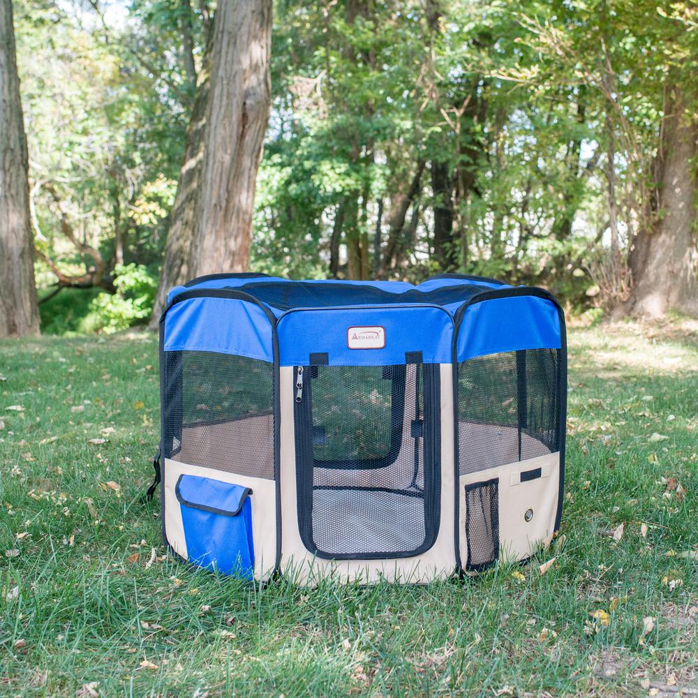 Portable Pet Playpen In Blue And Beige Combo