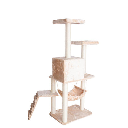 57-Inch Real Wood Cat Tree In Beige With Perches, Running Ramp