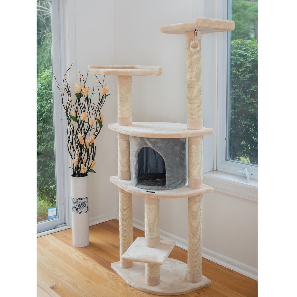 64" Real Wood Cat Tree With Sractch Sisal Post, Soft-Side Playhouse, Almond