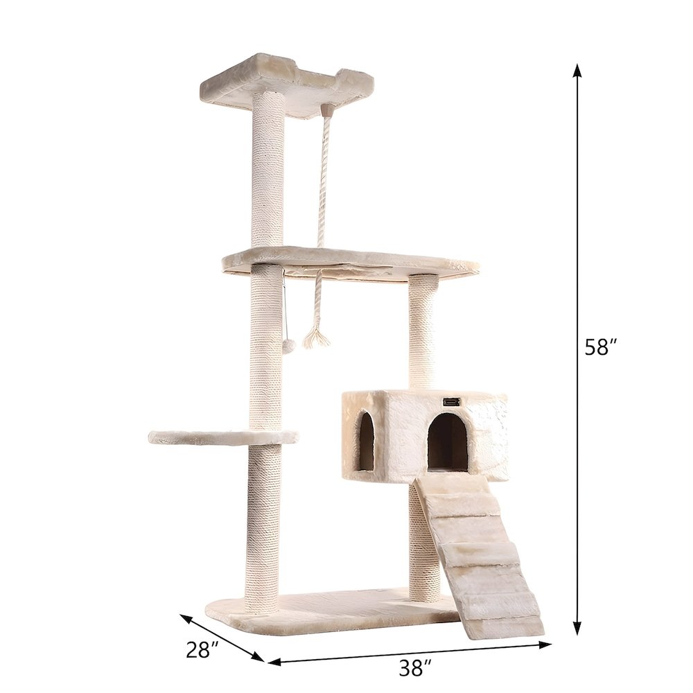 Wood Cat Tree with Sisal-Wrapped Posts, Multi-Tier Condo, 58 Inch