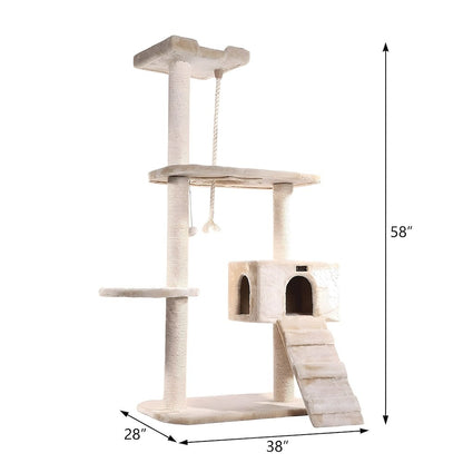 Wood Cat Tree with Sisal-Wrapped Posts, Multi-Tier Condo, 58 Inch