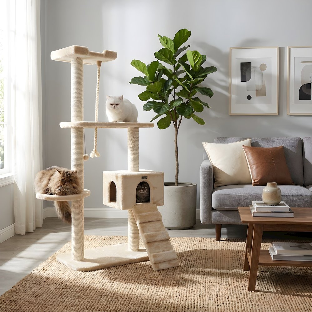 Wood Cat Tree with Sisal-Wrapped Posts, Multi-Tier Condo, 58 Inch