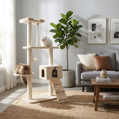 Wood Cat Tree with Sisal-Wrapped Posts, Multi-Tier Condo, 58 Inch
