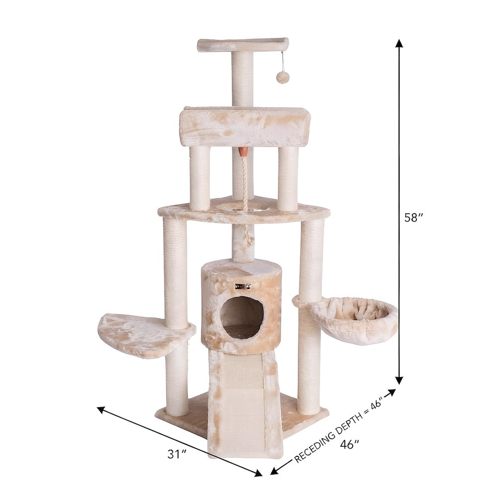 Faux Fur Wood Cat Tower with Basket Lounge, Ramp and Sisal Rope