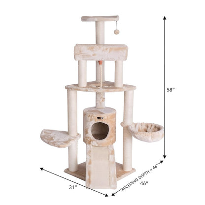 Faux Fur Wood Cat Tower with Basket Lounge, Ramp and Sisal Rope