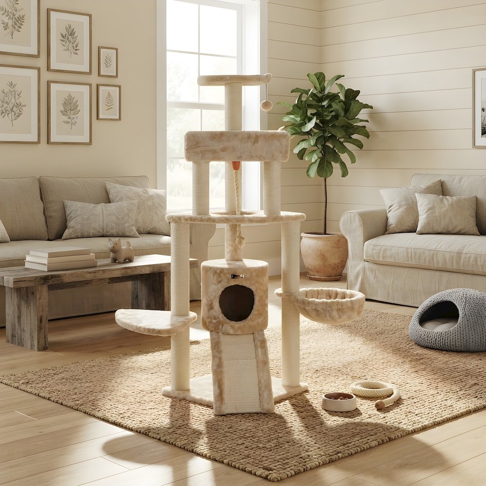 Faux Fur Wood Cat Tower with Basket Lounge, Ramp and Sisal Rope