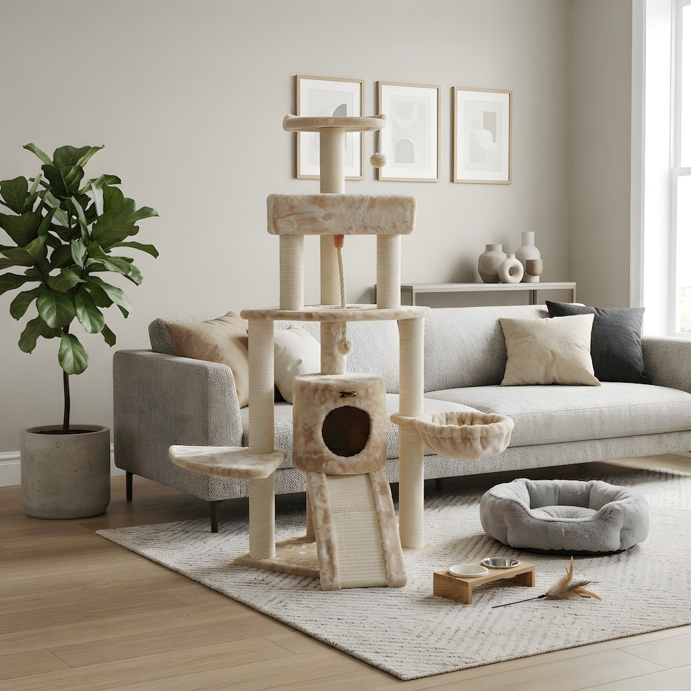 Faux Fur Wood Cat Tower with Basket Lounge, Ramp and Sisal Rope