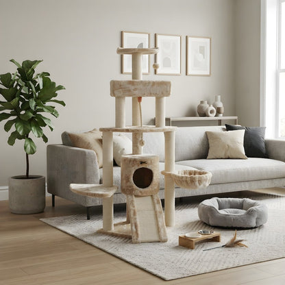 Faux Fur Wood Cat Tower with Basket Lounge, Ramp and Sisal Rope